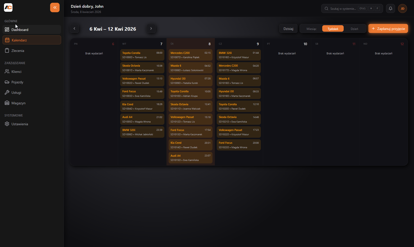 Widok planowania wizyt w AppCars