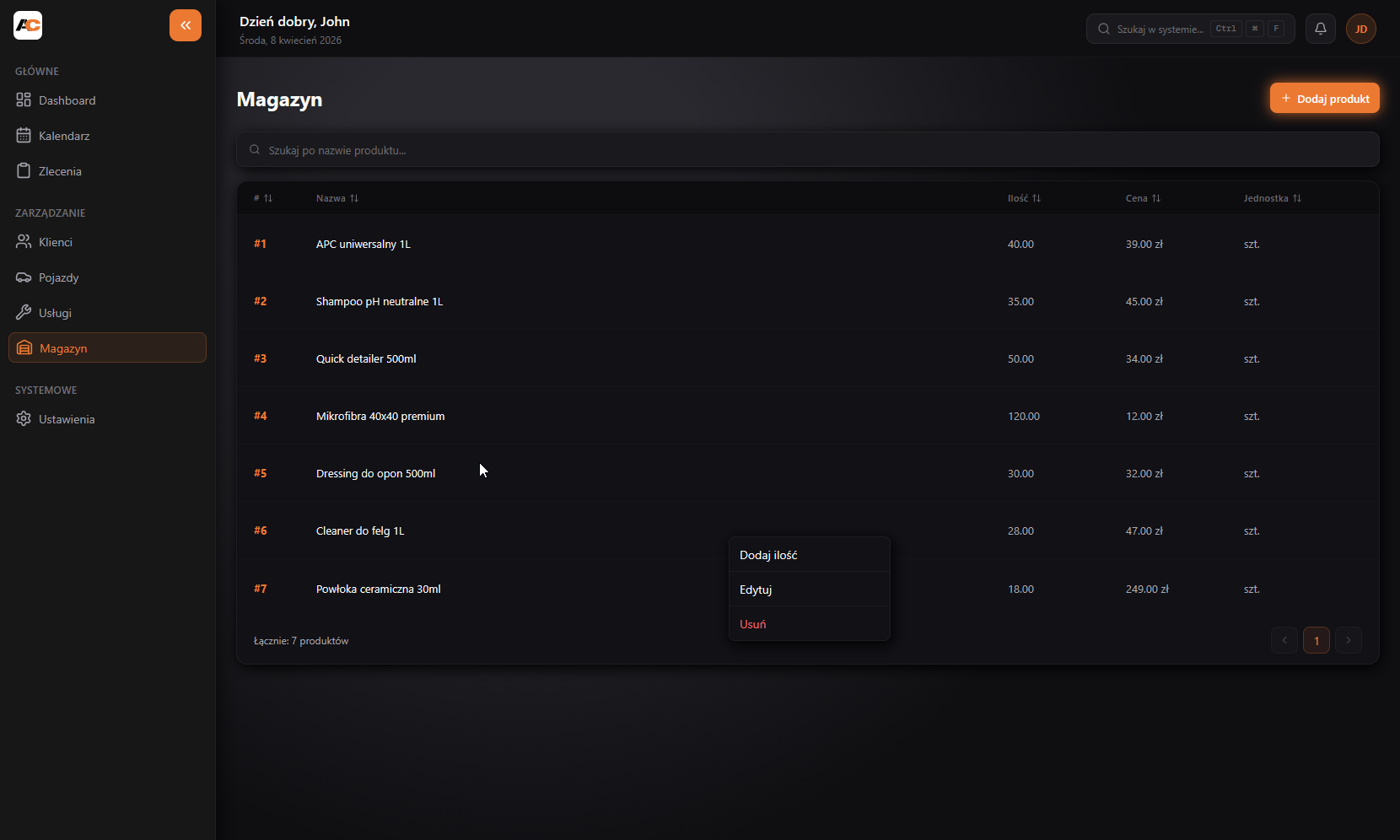 Widok magazynu w AppCars